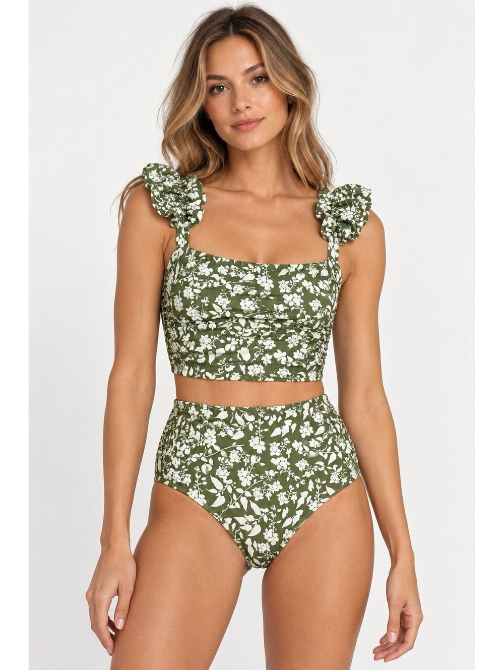 Albion Fit High Waisted Bikini Green Floral Size S Top Size M Bottom Beachy